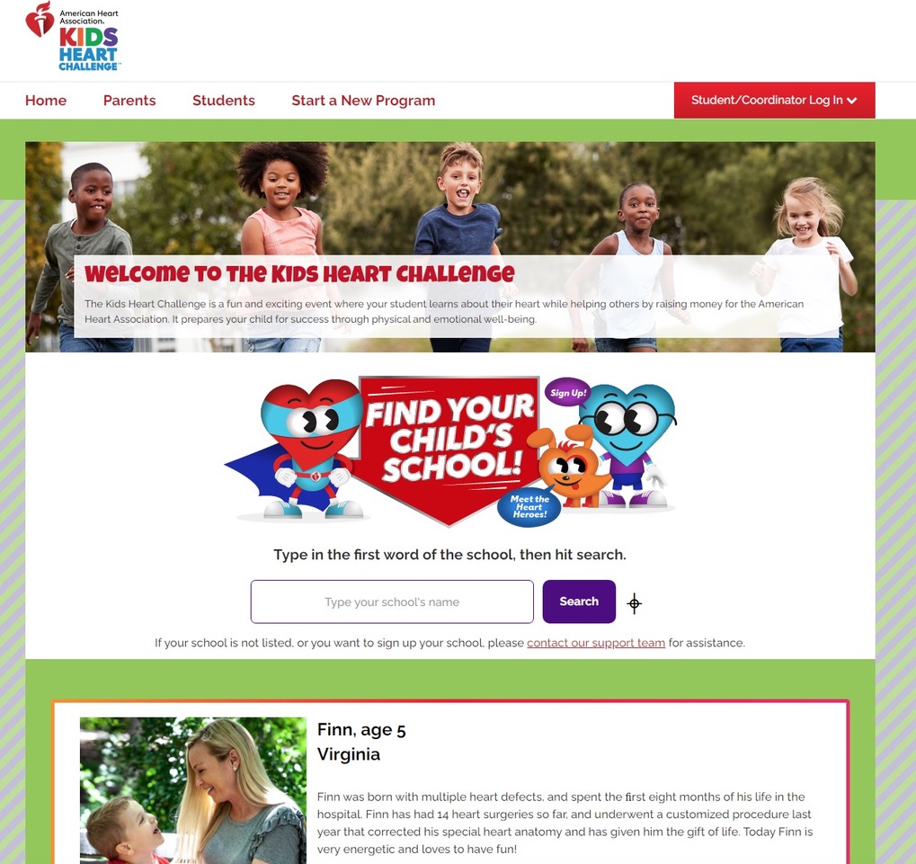The Kids Heart Challenge homepage to their virtual presentation